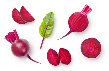 Wall Mural - Whole and sliced common beet isolated on white background. Top view.
