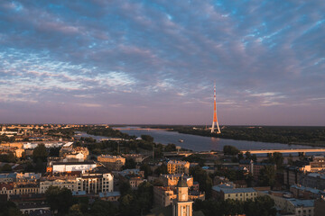 Wall Mural - Sunset panoramic aerial view over Riga city, the capital of Latvia, European famous baltic country