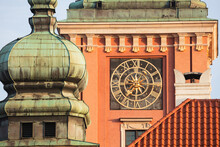 Poland, Masovia, Warsaw, Clock Face On Castle Tower In Old Town