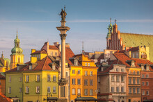 Poland, Masovia, Warsaw, Monument Column In Historic Town Square