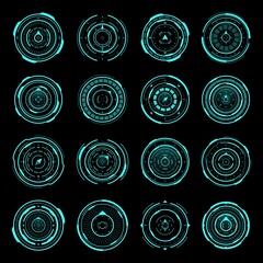 Poster - HUD compass, aim control panel or navigation interface. Vector sci-fi target, futuristic military optical aiming, spaceship crosshair techno screen ui neon elements, collimator sight, gun focus set