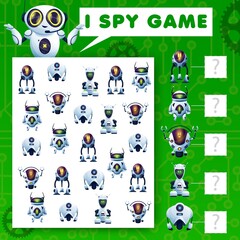 Poster - I spy riddle game, cartoon robots kids vector task, education puzzle with ai cyborgs. How many androids and bots test. Development of numeracy skills and attention, math worksheet page for children