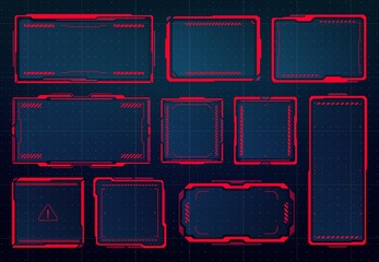 Leinwandbilder - HUD danger, warning and alert attention red frames or signs, vector. HUD interface display screen with warning or high risk alert or access denied and caution error hologram frames, game dashboard