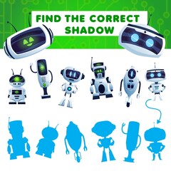 Poster - Find a shadow kids game with cartoon robots. Vector riddle match correct silhouettes of ai cyborgs. Children logic test with androids and artificial intelligence bots. Task for baby mind development
