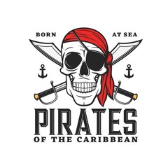 caribbean pirates icon with skull and crossed sabers. vector emblem with jolly roger in eye patch an