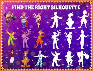 Poster - Shadow match kids game with circus performers. Find right silhouette education game, memory puzzle and maze, logic vector riddle with shapito clown and juggler, strongman, charmers