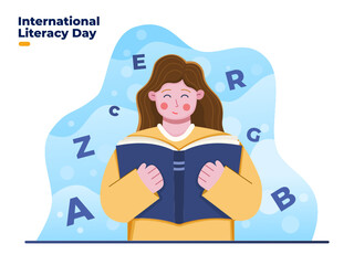 International literacy day illustration with happy woman reading the book, Celebrate international literacy day on 8 September. Can be used for greeting card, banner, poster, flyer, web.