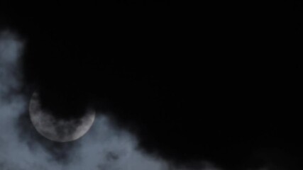 Wall Mural - eclipse of the moon behind the clouds dramatic movie. cinematic blurred environment. hot air vibrate