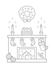 Christmas Coloring Page With A Fireplace,  A Garland Christmas Stockings And More Holiday Season Items. You Can Print It On A Standard 8.5x11 Inch Paper