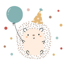 Cute And Whimsical Hedgehog Character With Party Hat And Aqua Blue Balloon. Cartoon Style Simple Vector Illustration.