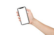 © tope007 - close up hand hold phone isolated on white, mock-up smartphone white color blank screen