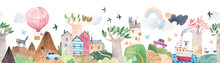 Cute Landscape, Hills, Trail, Lonely House, Mountains, Lake And Ship, Clouds And Ballon, Cars. Watercolor Illustration. Children's Horizontal Poster. Horizontal Border. Seamless Pattern.