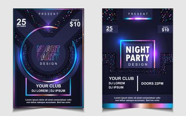 Poster - Night dance party music layout cover design template background with colorful dark blue glitters style. Light electro vector for music event concert disco, club invitation, festival poster, flyer