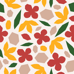 Poster - Inspired Matisse seamless pattern with colorful cutting organic shapes and plants on pastel background. Modern creative minimal design. Vector illustration