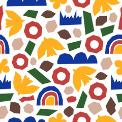 Poster - Inspired Matisse seamless pattern with bright colorful  cutting organic shapes, birds and plants on white background. Modern creative minimal design. Vector illustration