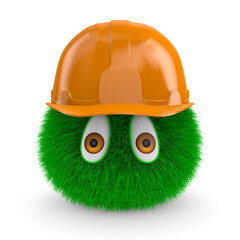 green furry monster in orange hard hat on white background. Isolated 3d illustration