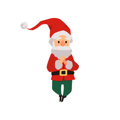 Wall Mural - Vector cartoon flat illustration of soaring Christmas gnome with folded hands. Character gnome on white background.