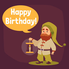 Wall Mural - Vector greeting birthday card with cute tale cartoon gnome holding lantern.