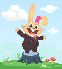 Cartoon funny and happy rabbit standing on the summer meadow on the tree stump. Vector illustration of easter bunny hare