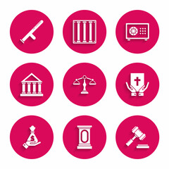 Poster - Set Scales of justice, Stage stand or debate podium rostrum, Judge gavel, Oath on the Holy Bible, Hand holding money bag, Courthouse building, Safe and Police rubber baton icon. Vector