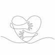 heart symbol with hand embrace line drawing. Minimal contour line art. Good for sign and symbol of love and wedding.