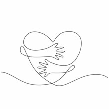 Heart Symbol With Hand Embrace Line Drawing. Minimal Contour Line Art. Good For Sign And Symbol Of Love And Wedding.