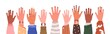 © Good Studio - Set of hands raised up. Group of diverse human arms with accessories rising together. Concept of international volunteer community. Colored flat vector illustration isolated on white background
