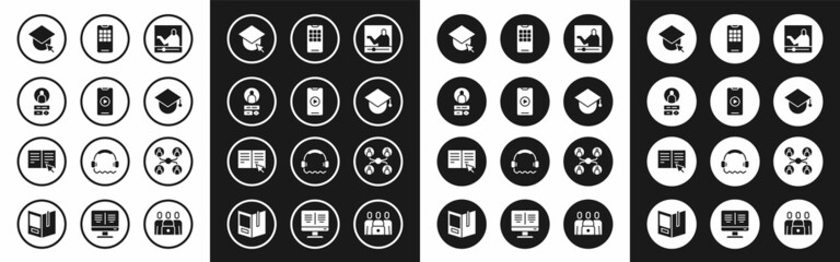 Canvas Print - Set Online education, play video, Create account screen, Graduation cap globe, Mobile phone, class and book icon. Vector