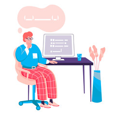 Poster - Programmer working at office concept. Man comes up with and writes program code at computer. Software or programs development character scene. Vector illustration in flat design with people activities