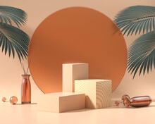 Abstract Wooden Platform Podium Showcase For Product Display With Palm Leaves 3d Render