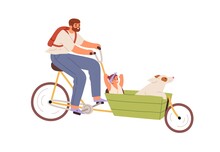 Happy Father Riding Cargo Bicycle With Child And Dog In Carriage. Dad Cycling Bike With Kid. Daddy Together With Daughter And Pet At Leisure. Flat Vector Illustration Isolated On White Background