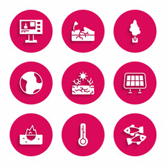 Sticker - Set Drought, Meteorology thermometer, Dead fish, Solar energy panel, Iceberg, Earth globe, Tree and Television report icon. Vector