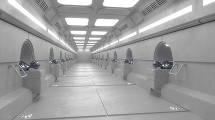 3d render. futuristic hallway. concept of modern architecture and interior spaceship