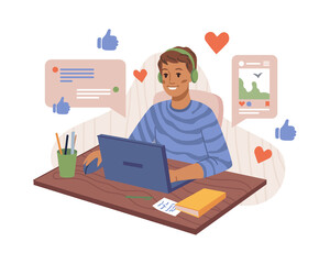 Aufkleber - Young man cartoon character communicating in social networks on computer isolated. Vector teenager in earphones put like and super comment sign, communication on distance, chats. Teen at home chatting