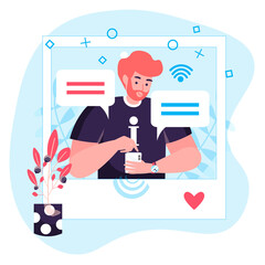 Poster - Social network concept. Man posts his photo, receives comments and likes. Internet addiction and online communication character scene. Vector illustration in flat design with people activities
