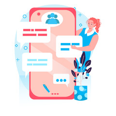 Poster - Social network concept. Woman chatting with friends using smartphones, browsing. Internet addiction and online communication character scene. Vector illustration in flat design with people activities