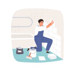 Poster - worker laying and attaching ceramic wall tile in bathroom. professional tiler in overalls working. r