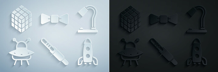 Poster - Set Audio jack, Table lamp, UFO flying spaceship, Rocket, Bow tie and Rubik cube icon. Vector