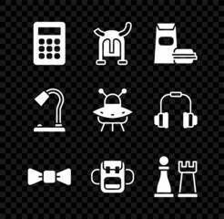 Poster - Set Calculator, Viking in horned helmet, Burger, Bow tie, School backpack, Chess, Table lamp and UFO flying spaceship icon. Vector