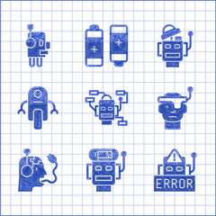 Wall Mural - Set Robot, low battery charge, Error in robot, Smart glasses, charging, and icon. Vector