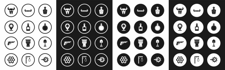 Sticker - Set Tequila bottle, Hexagram sheriff, Buffalo skull, Canteen water, Kayak or canoe and paddle, Shovel and Revolver gun icon. Vector