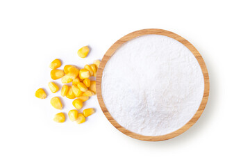 Wall Mural - Corn starch in wooden bowl and fresh sweet corn isolated on white background. 