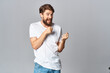 © SHOTPRIME STUDIO - bearded man in white t-shirt gesturing with hands emotion entertainment lifestyle