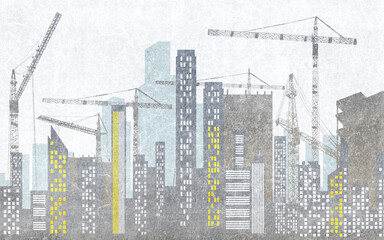 Fototapeta Gray multi-storey houses under construction with tower cranes on a light gray background