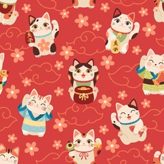 Seamless japanese maneki cats pattern. Lucky asian symbols, cartoon fun characters, kittens with raised paw hold coins, flashlights on red. Decor textile, wrapping wallpaper vector print