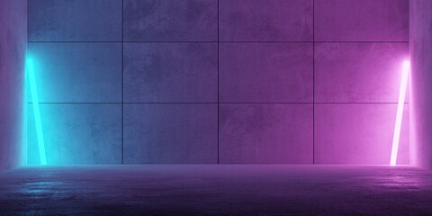 Canvas Print - Modern futuristic abstract concrete room with blue and pink neon glowing lights on concrete plate background with rough floor
