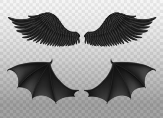 Wall Mural - Realistic black wings. Pair of dark feathers raven and bat wings, crow bird parts, isolated demon elements, fly animals paired objects. Spiritual evil symbols vector 3d set