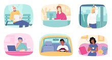 Tired People. Office Dormant Employees And Car Drivers. Passengers Sleeping In Transport. Men And Women Feel Fatigue. Characters Fall Asleep On Job And Road, At Walk Or Home, Vector Set