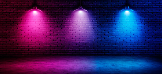 black brick wall  background with neon lighting effect pink purple and blue. glowing lights on empty brick wall background