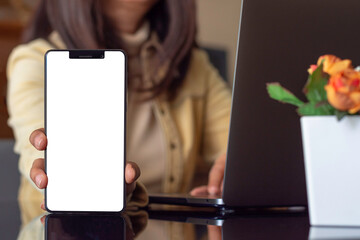 Wall Mural - Woman showing blank screen mobile phone at home, mockup